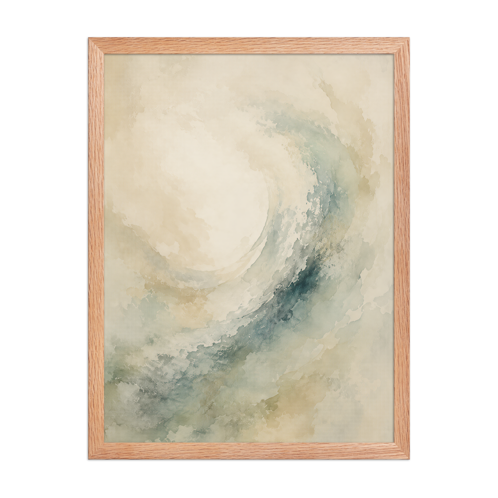 Framed ocean wave-inspired poster with flowing watercolor textures in soft blue, sage, and warm neutral tones.