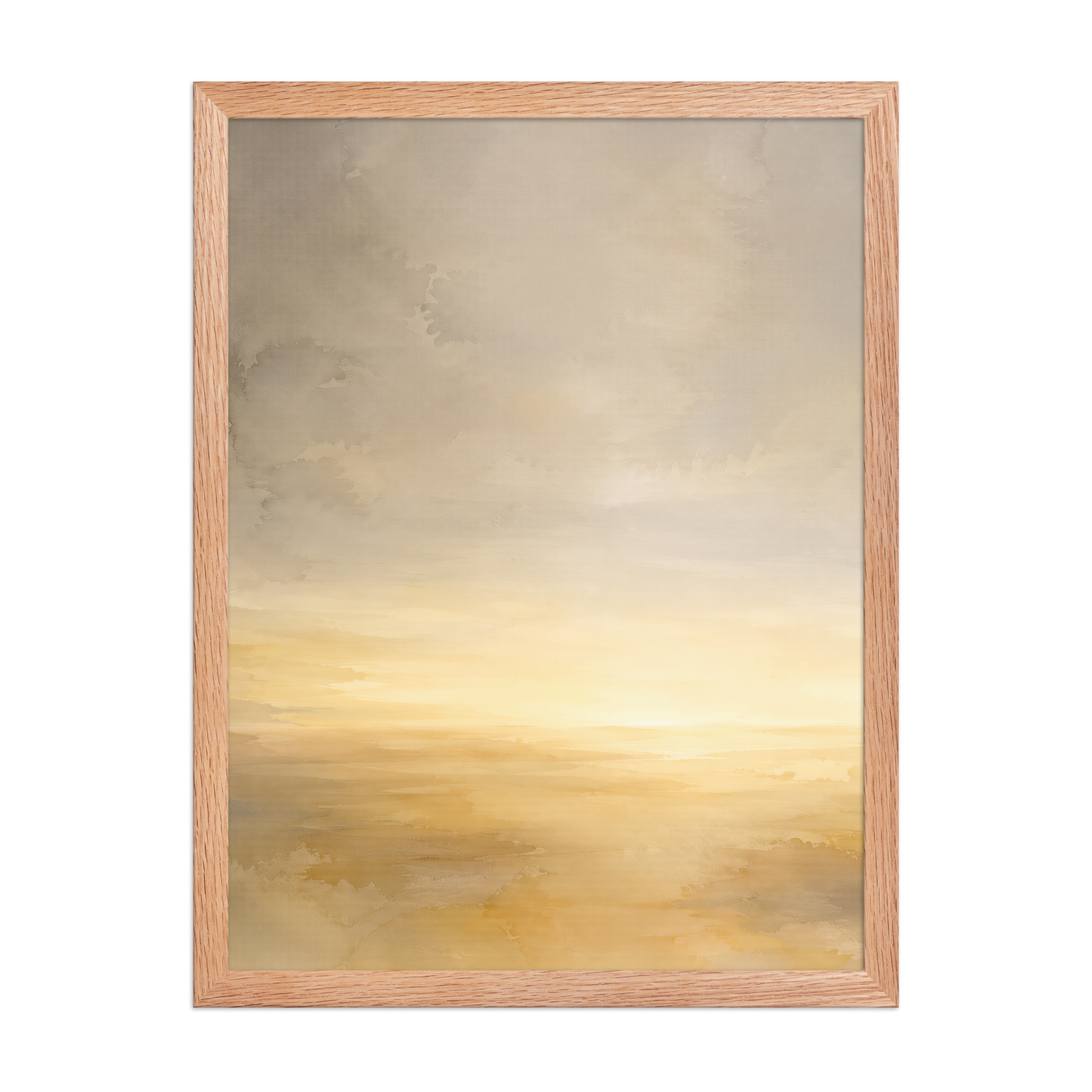 Framed sunrise poster featuring a glowing ocean horizon with soft watercolor textures in warm gold, ivory, and neutral tones.
