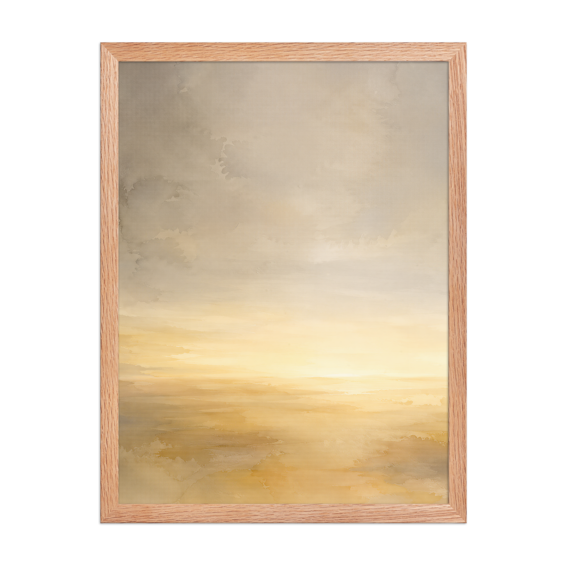 Framed sunrise poster featuring a glowing ocean horizon with soft watercolor textures in warm gold, ivory, and neutral tones.