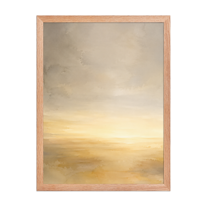 Framed sunrise poster featuring a glowing ocean horizon with soft watercolor textures in warm gold, ivory, and neutral tones.