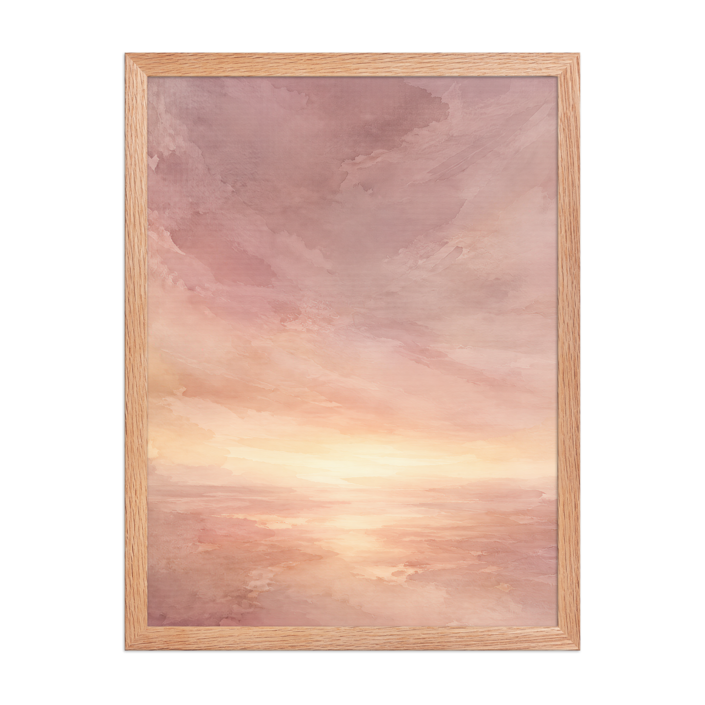Framed sunrise poster with a glowing blush ocean horizon and soft watercolor textures in pink, peach, and warm neutral tones.