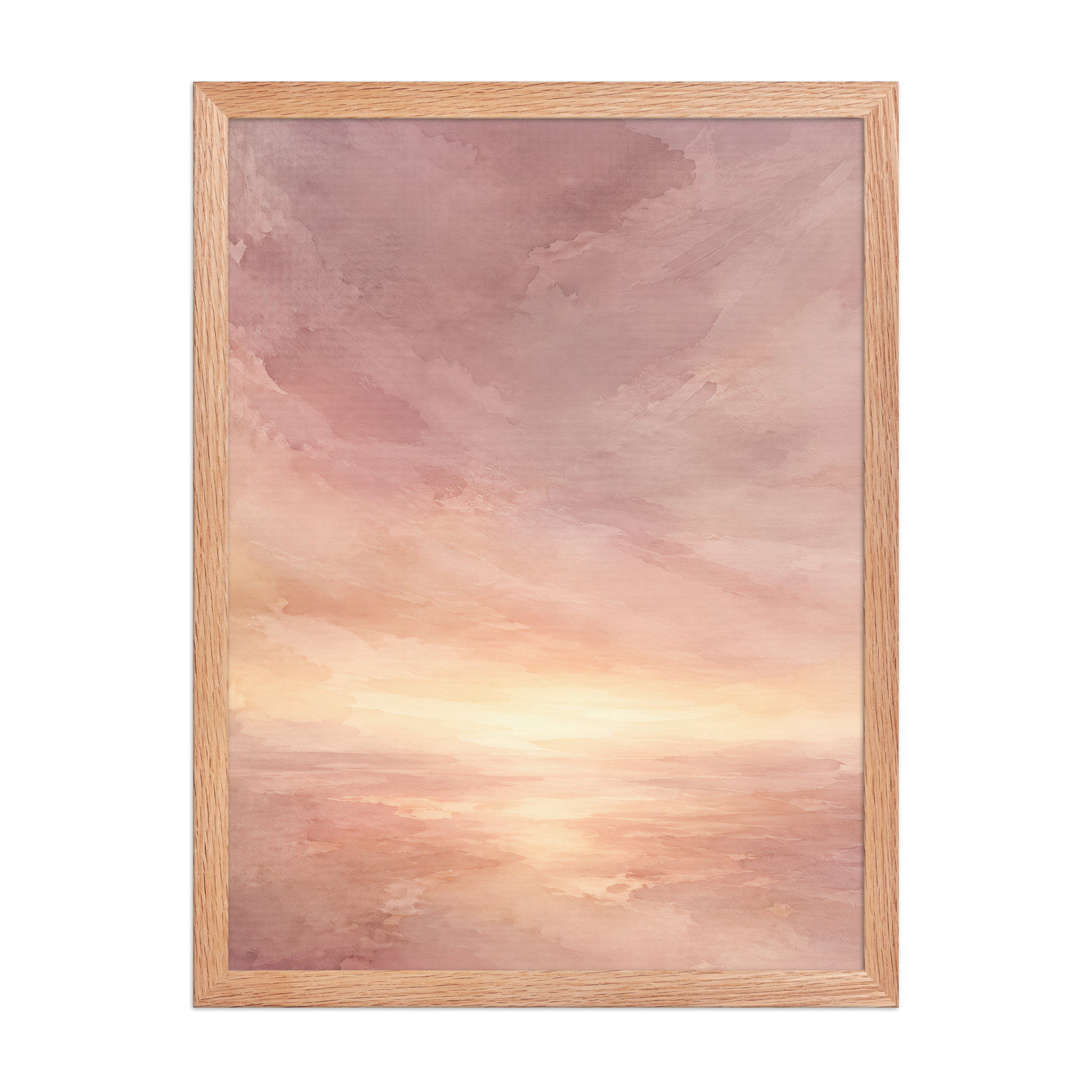 Framed sunrise poster with a glowing blush ocean horizon and soft watercolor textures in pink, peach, and warm neutral tones.