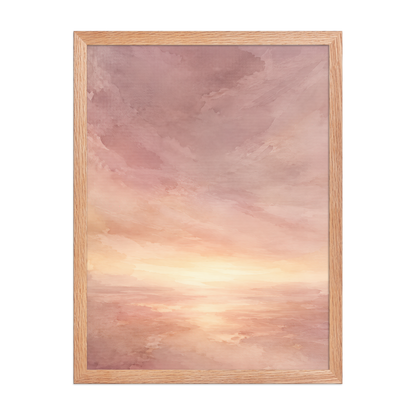 Framed sunrise poster with a glowing blush ocean horizon and soft watercolor textures in pink, peach, and warm neutral tones.
