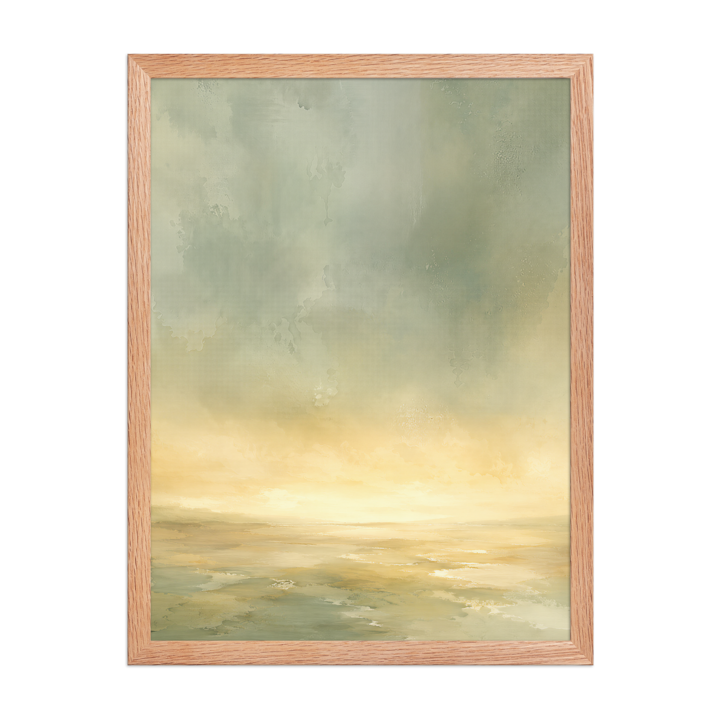 Framed sunrise poster featuring a glowing ocean horizon with soft sage green, warm gold, and watercolor textures.