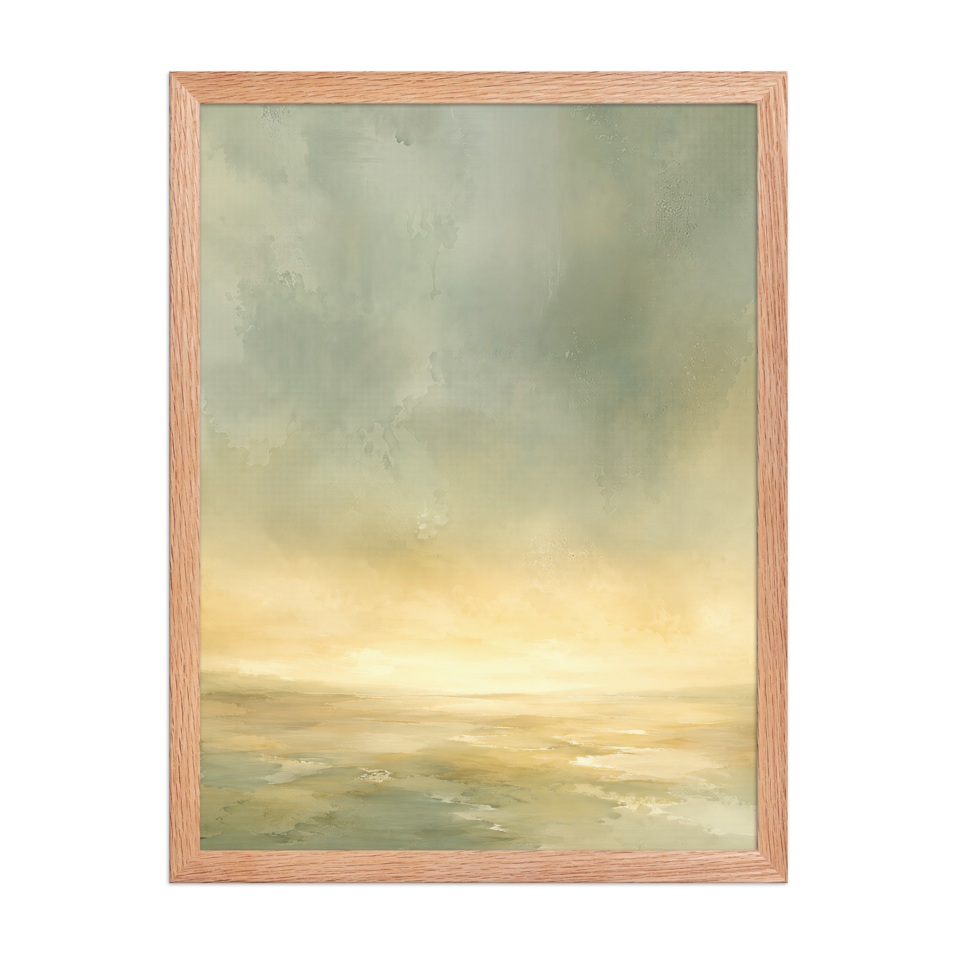 Framed sunrise poster featuring a glowing ocean horizon with soft sage green, warm gold, and watercolor textures.