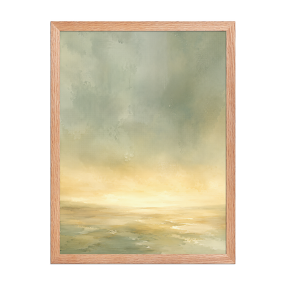 Framed sunrise poster featuring a glowing ocean horizon with soft sage green, warm gold, and watercolor textures.