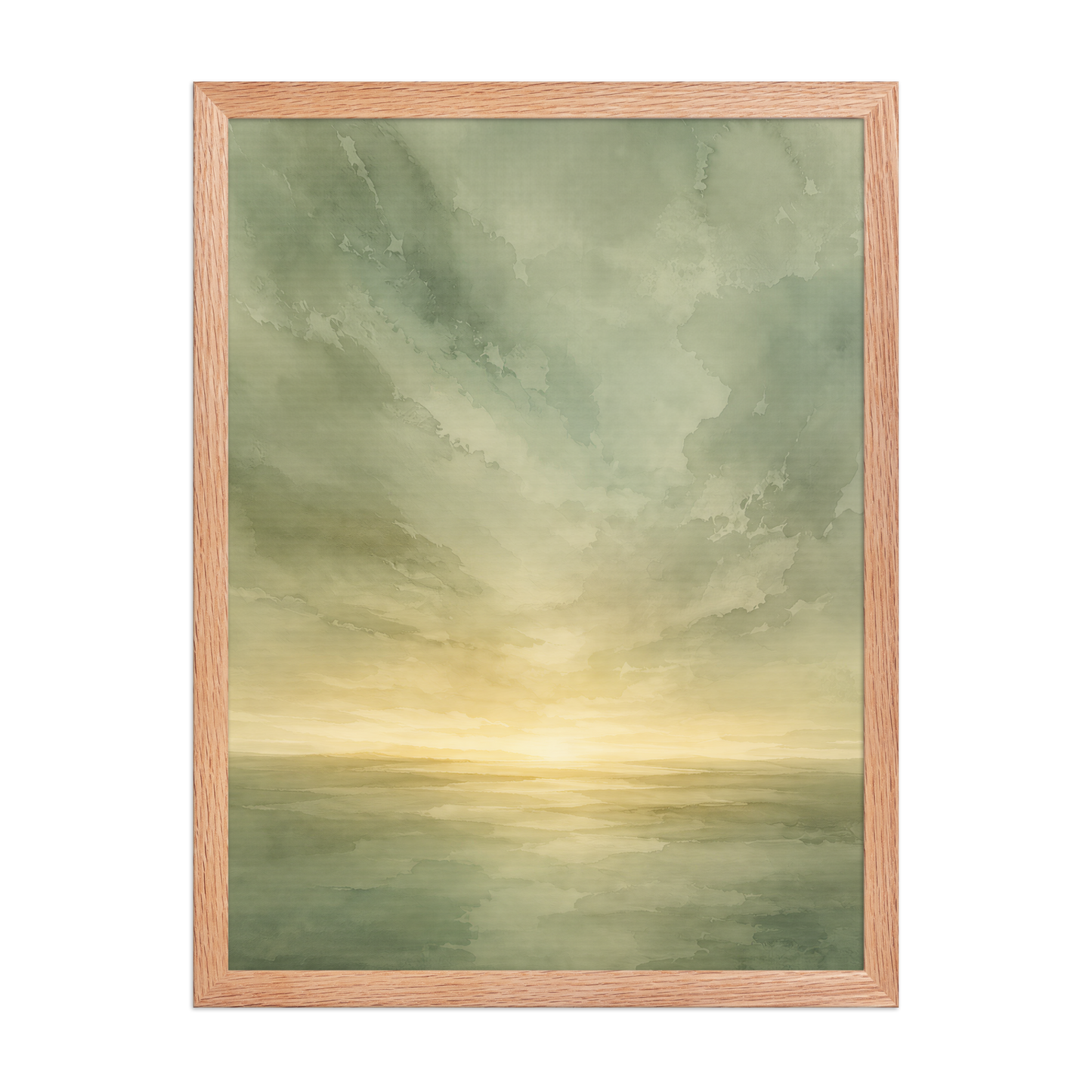 Framed sunrise poster featuring a glowing ocean horizon with soft sage green watercolor textures and warm golden light.
