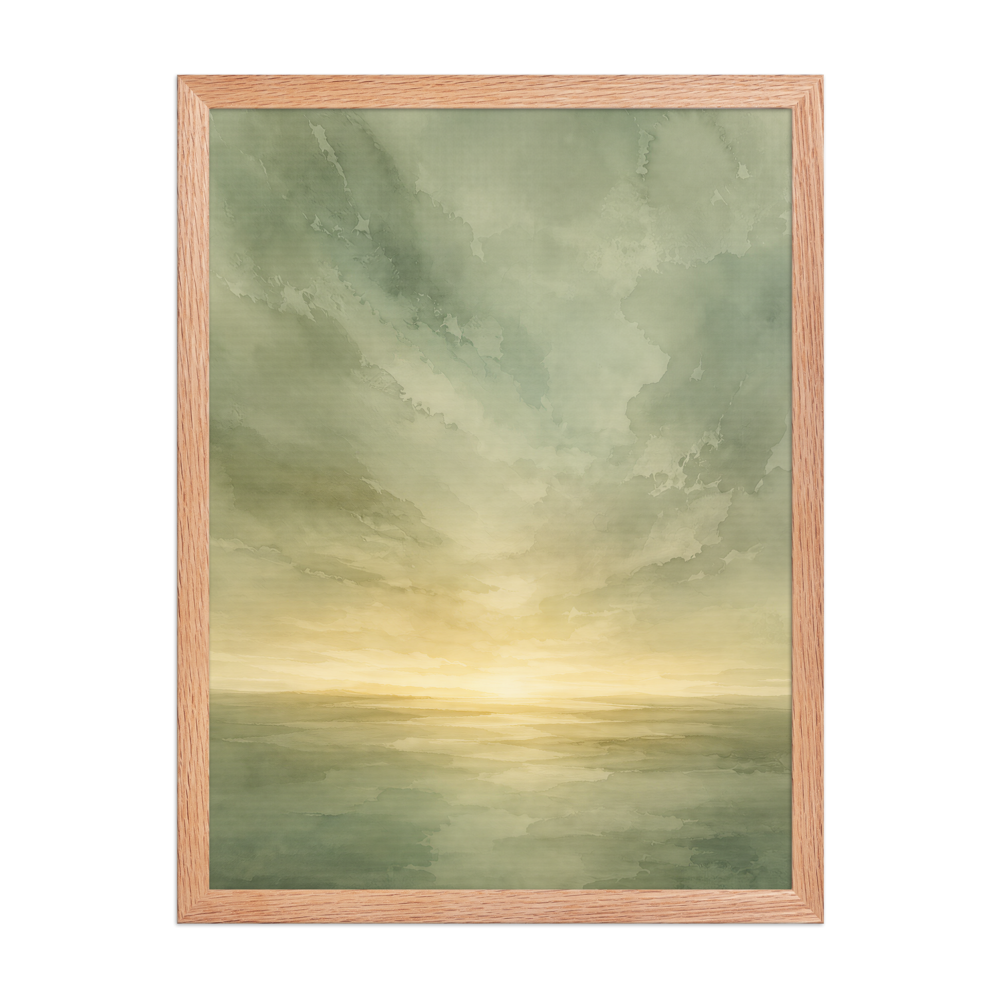 Framed sunrise poster featuring a glowing ocean horizon with soft sage green watercolor textures and warm golden light.