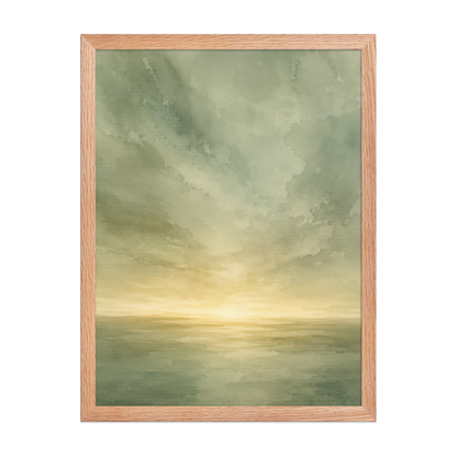 Framed sunrise poster featuring a glowing ocean horizon with soft sage green watercolor textures and warm golden light.