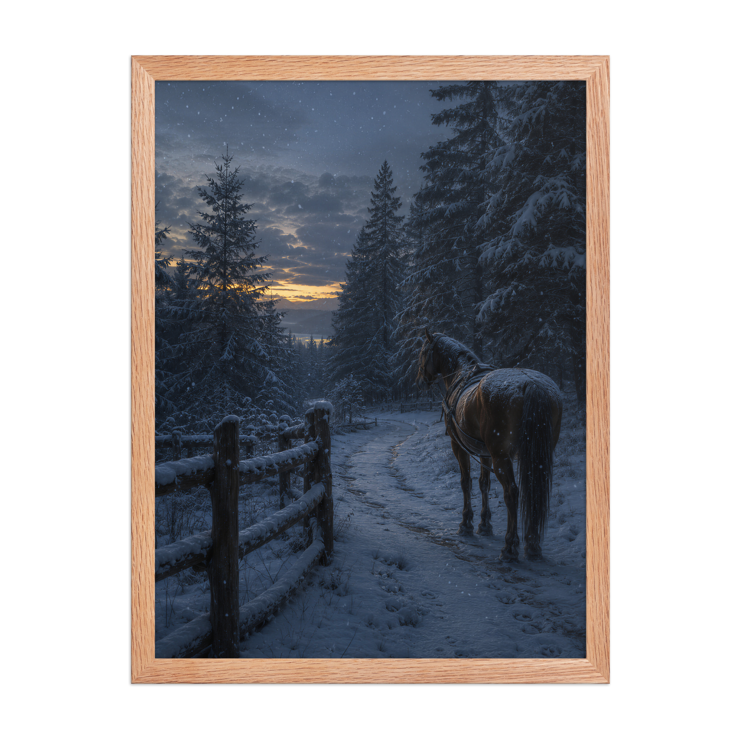 Framed winter forest poster featuring a lone horse on a snowy woodland path at twilight, inspired by Robert Frost's Miles to go, original Visual Poetry artwork.