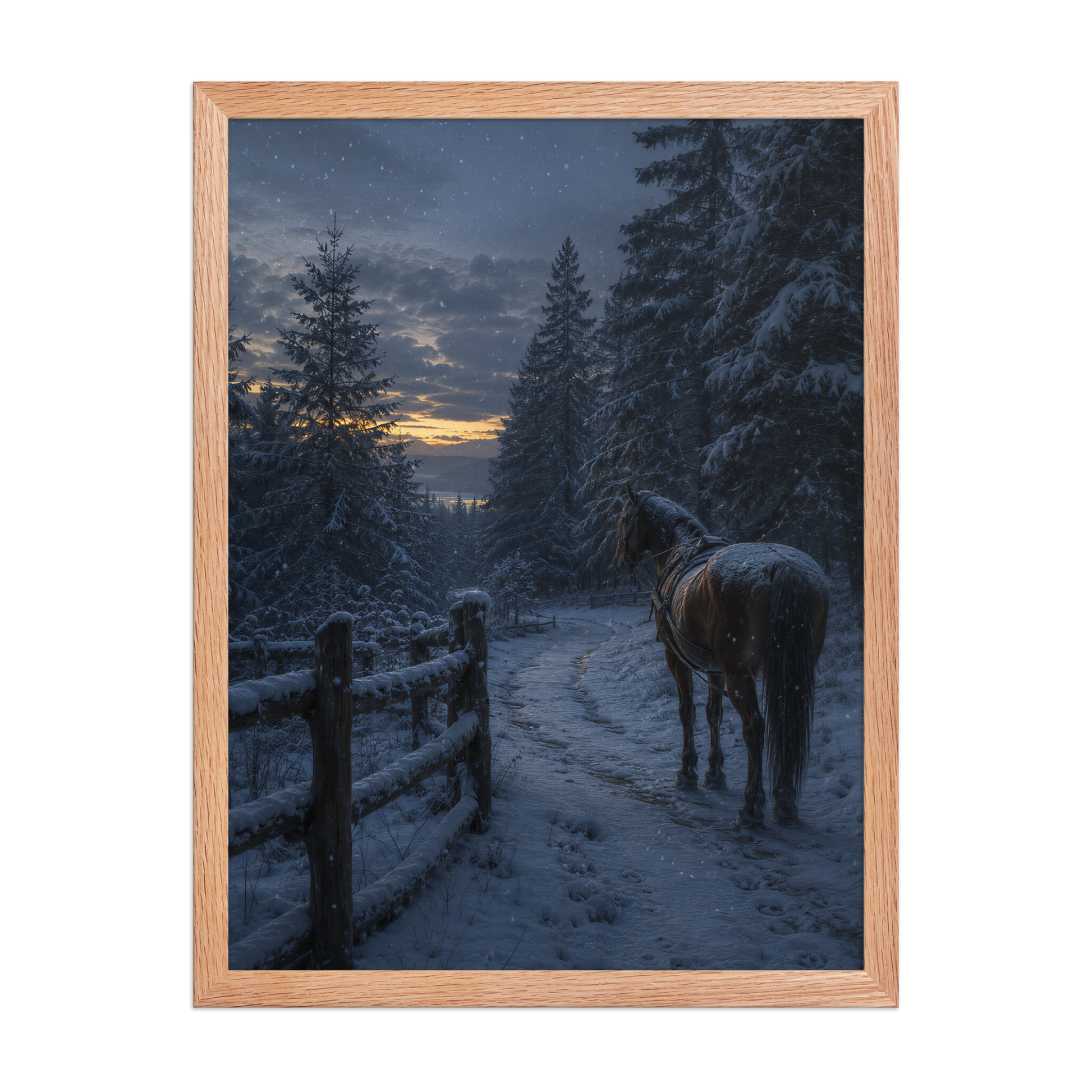 Framed winter forest poster featuring a lone horse on a snowy woodland path at twilight, inspired by Robert Frost's Miles to go, original Visual Poetry artwork.