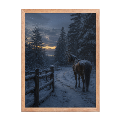 Framed winter forest poster featuring a lone horse on a snowy woodland path at twilight, inspired by Robert Frost's Miles to go, original Visual Poetry artwork.
