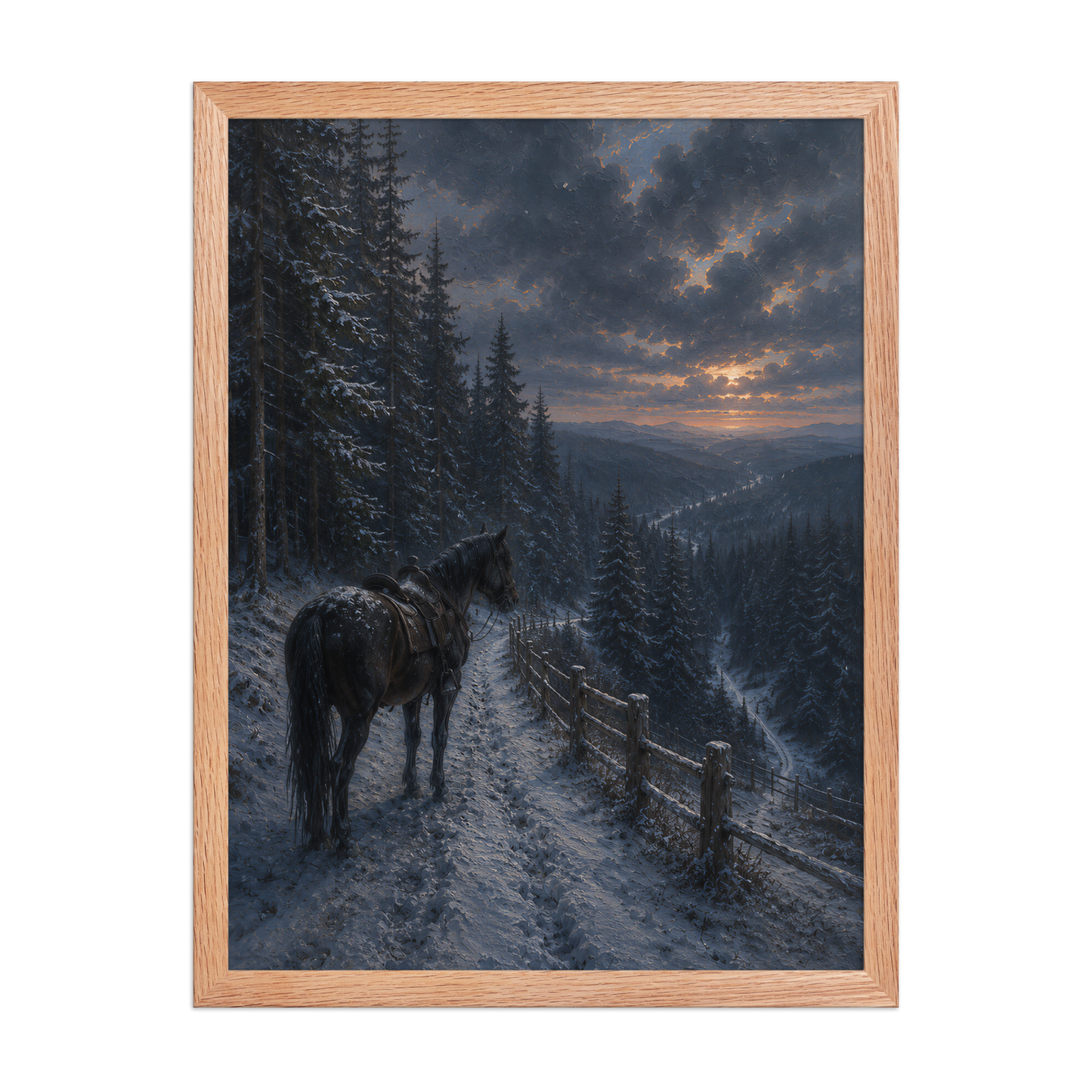Framed mountain trail poster featuring a lone horse overlooking a snowy valley at winter sunset, inspired by Robert Frost's The Road Not Taken, original Visual Poetry artwork.