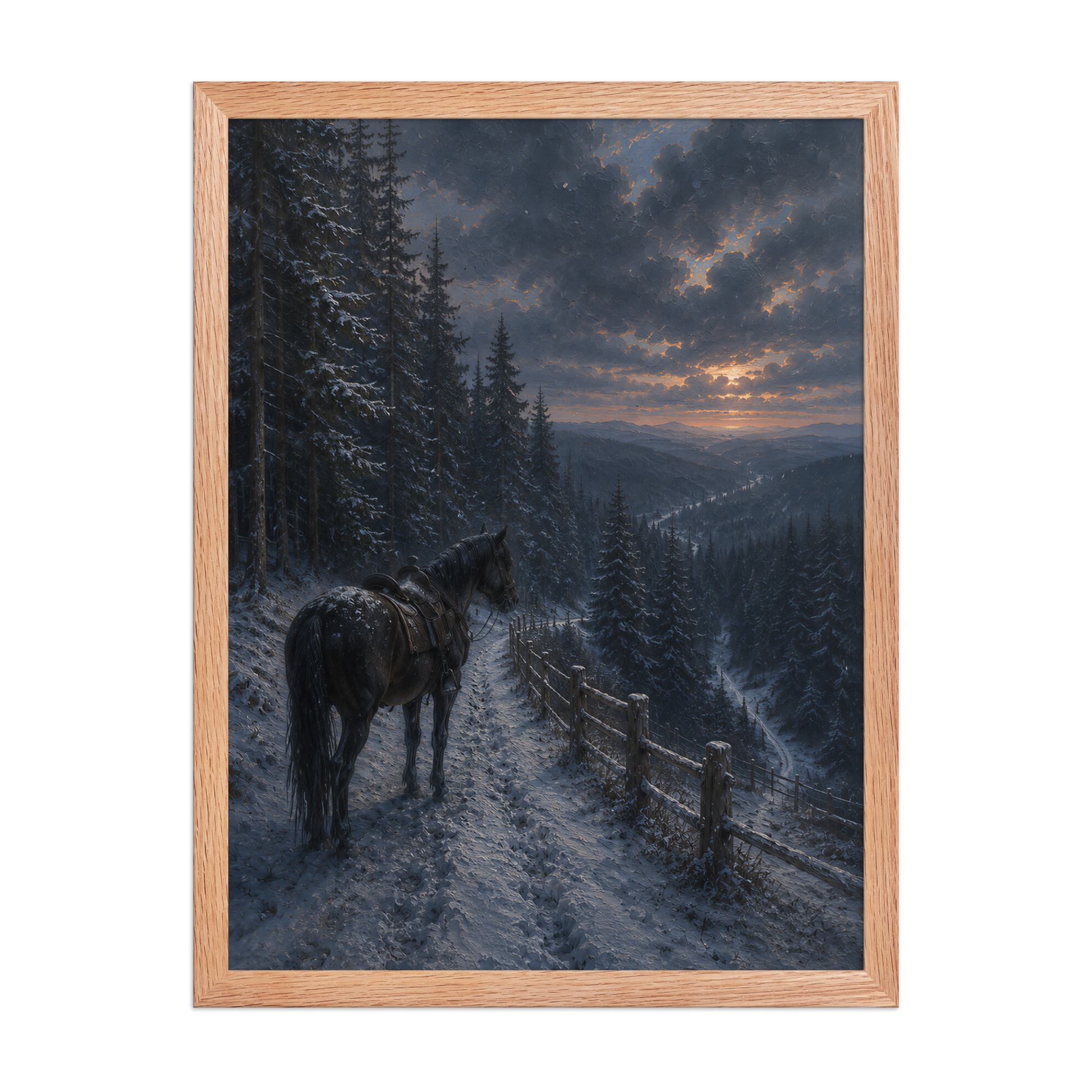 Framed mountain trail poster featuring a lone horse overlooking a snowy valley at winter sunset, inspired by Robert Frost's The Road Not Taken, original Visual Poetry artwork.