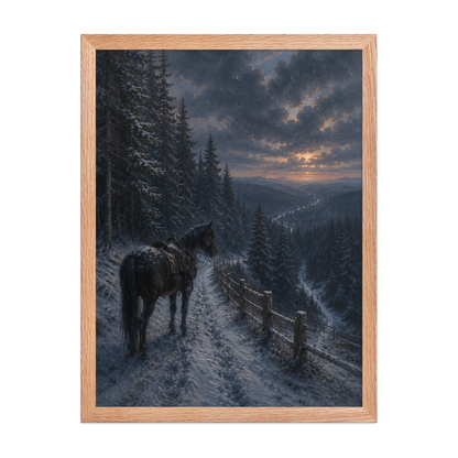 Framed mountain trail poster featuring a lone horse overlooking a snowy valley at winter sunset, inspired by Robert Frost's The Road Not Taken, original Visual Poetry artwork.