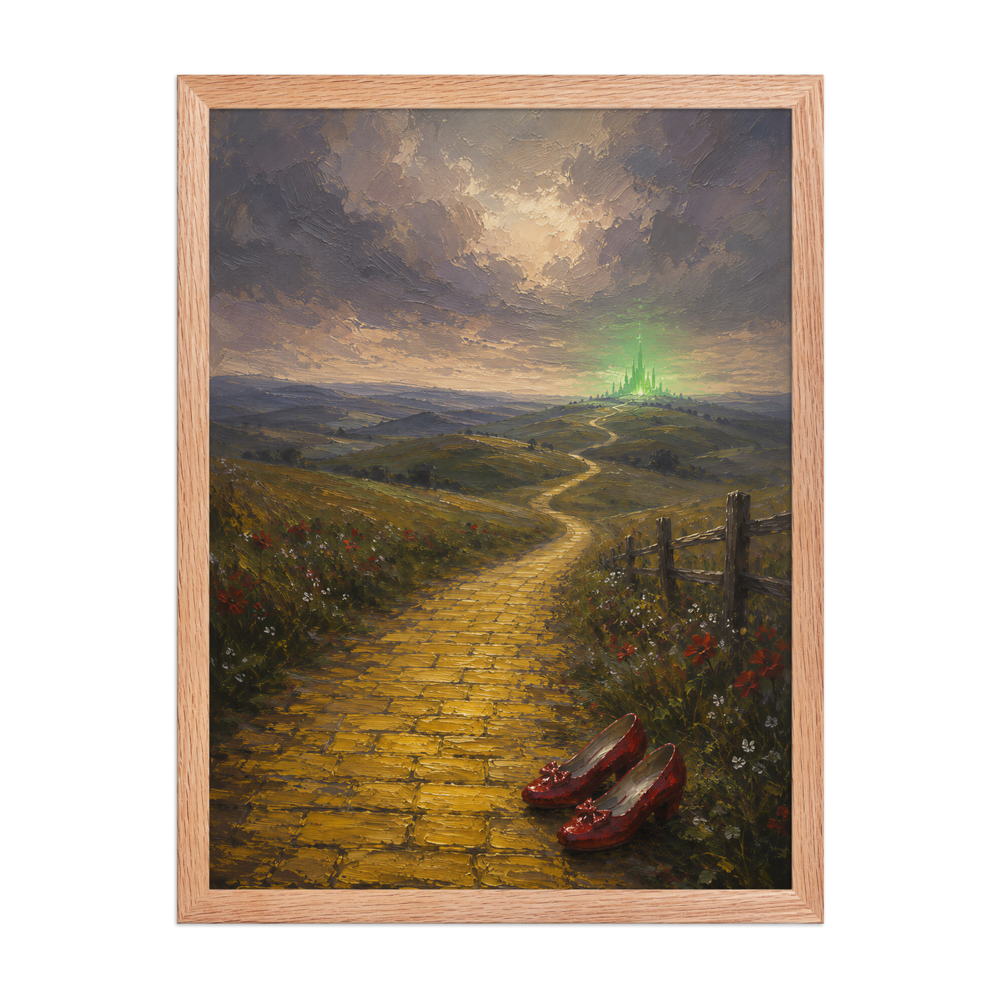 Framed Yellow Brick Road poster featuring ruby slippers beside a winding golden path leading toward a distant emerald city, inspired by There's No Place Like Home, original Visual Poetry artwork.