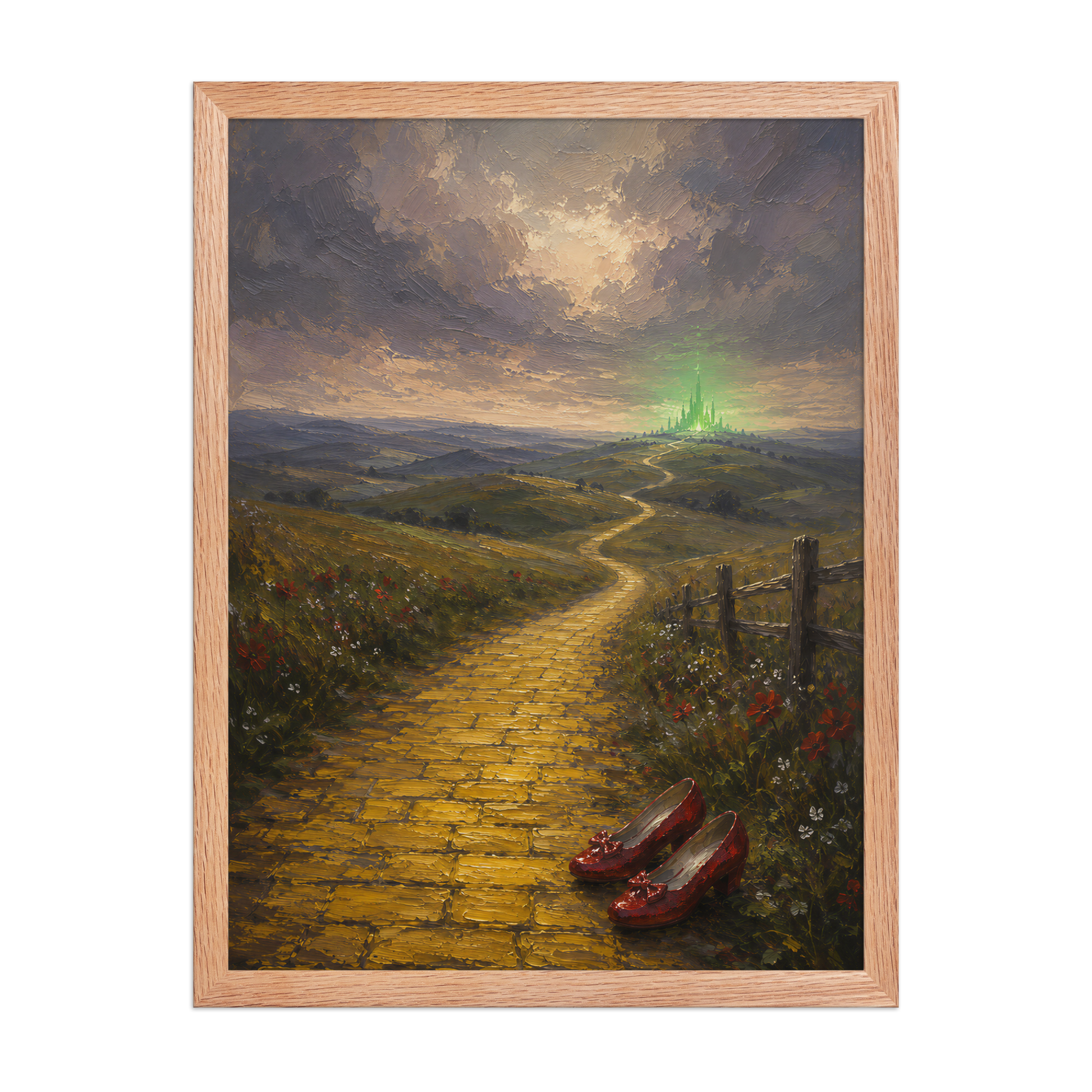 Framed Yellow Brick Road poster featuring ruby slippers beside a winding golden path leading toward a distant emerald city, inspired by There's No Place Like Home, original Visual Poetry artwork.