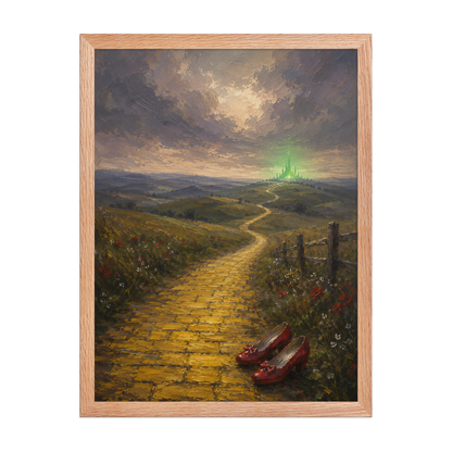 Framed Yellow Brick Road poster featuring ruby slippers beside a winding golden path leading toward a distant emerald city, inspired by There's No Place Like Home, original Visual Poetry artwork.