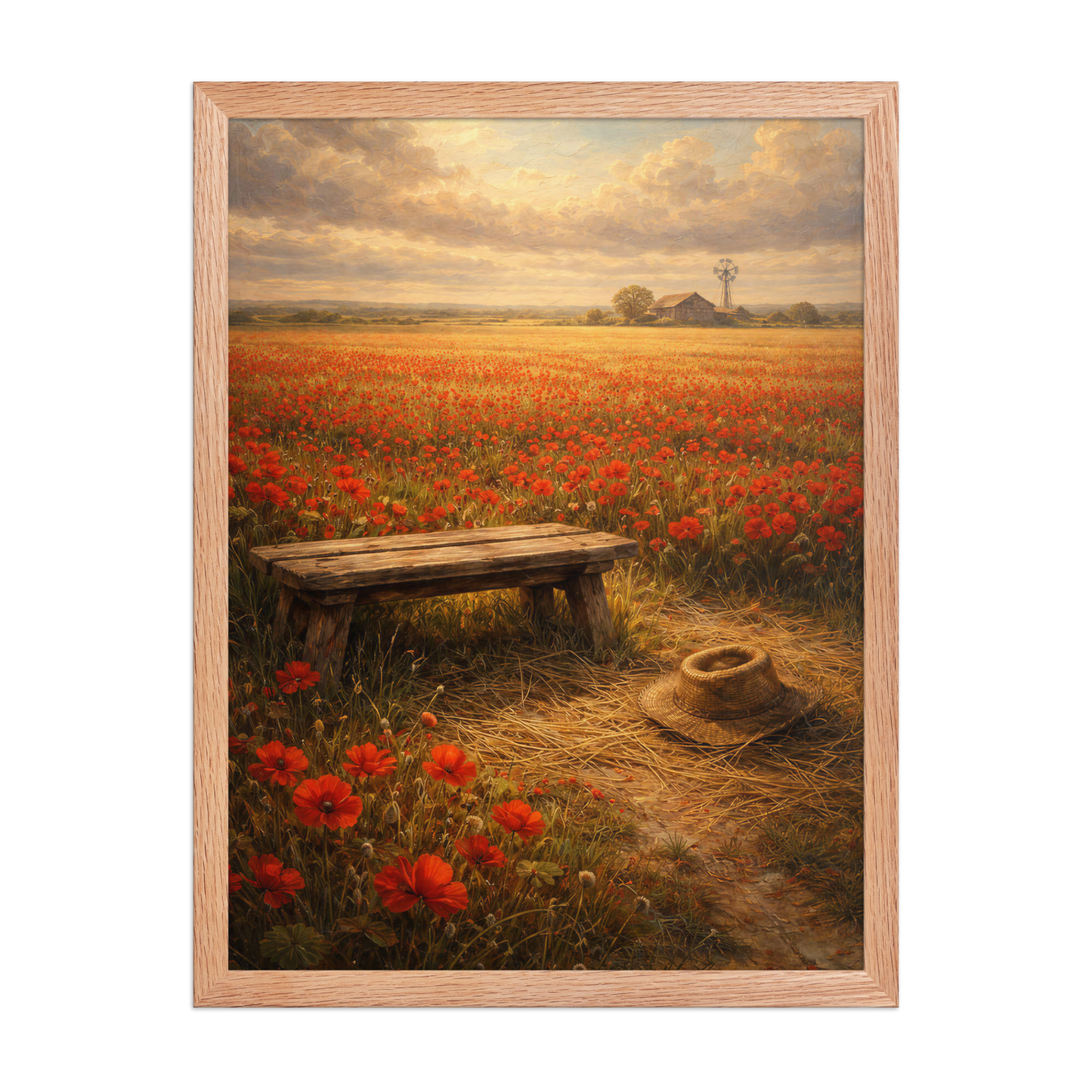 Framed Poppy Field poster featuring a rustic bench, straw hat, and a vast field of red poppies beneath a glowing countryside sky, inspired by The Deadly Poppy Field, original Visual Poetry artwork.
