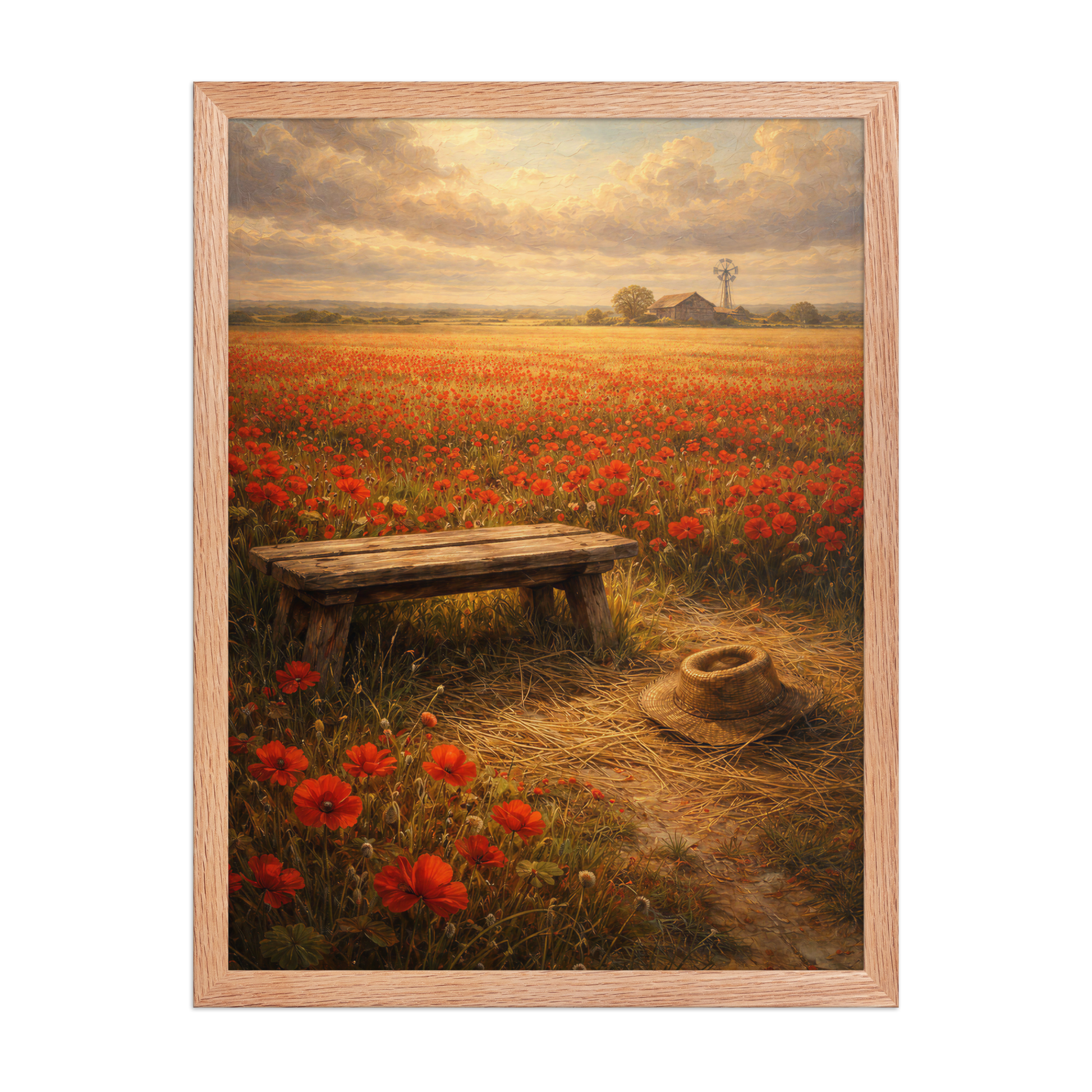 Framed Poppy Field poster featuring a rustic bench, straw hat, and a vast field of red poppies beneath a glowing countryside sky, inspired by The Deadly Poppy Field, original Visual Poetry artwork.