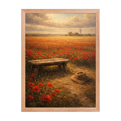 Framed Poppy Field poster featuring a rustic bench, straw hat, and a vast field of red poppies beneath a glowing countryside sky, inspired by The Deadly Poppy Field, original Visual Poetry artwork.