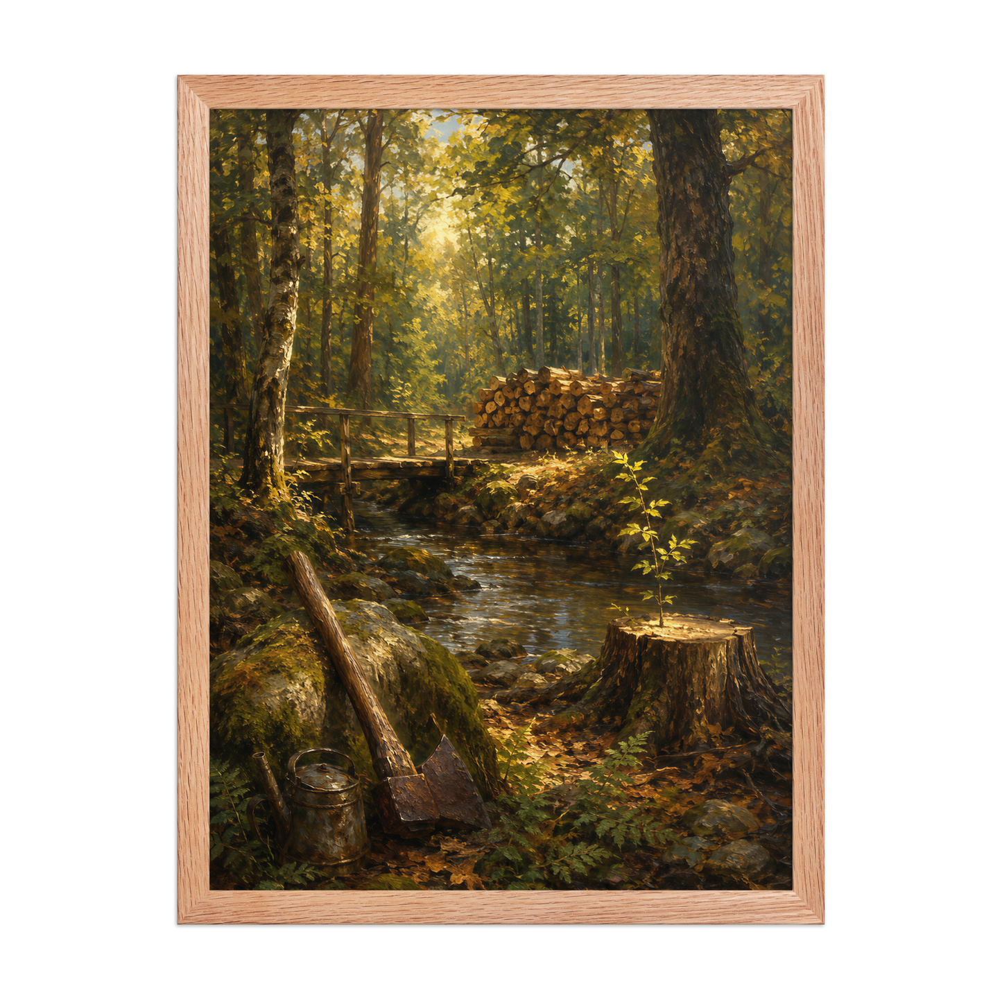 Framed Forest Clearing poster featuring a woodland stream, rustic bridge, axe, stacked firewood, and a young sapling growing from a tree stump, inspired by Follow the Yellow Brick Road, original Visual Poetry artwork.