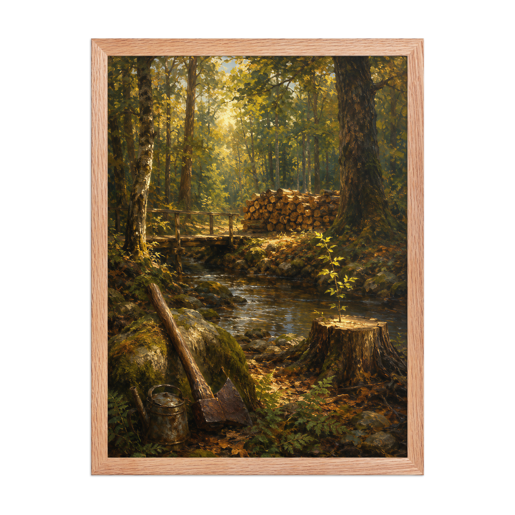 Framed Forest Clearing poster featuring a woodland stream, rustic bridge, axe, stacked firewood, and a young sapling growing from a tree stump, inspired by Follow the Yellow Brick Road, original Visual Poetry artwork.