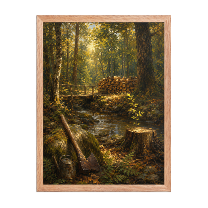 Framed Forest Clearing poster featuring a woodland stream, rustic bridge, axe, stacked firewood, and a young sapling growing from a tree stump, inspired by Follow the Yellow Brick Road, original Visual Poetry artwork.