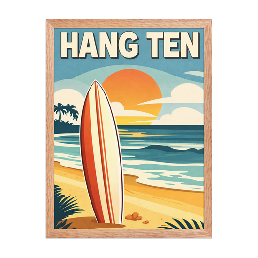 Framed Hang Ten vintage surf poster with surfboard and California sunset beach scene