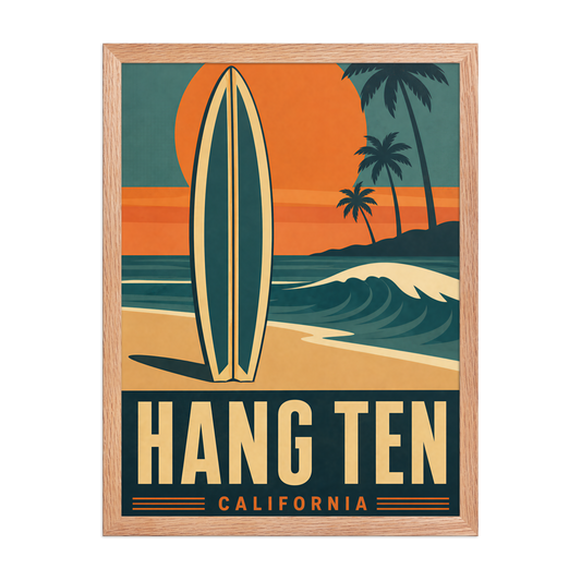 Framed retro Hang Ten California surf poster with surfboard, sunset, and palm trees