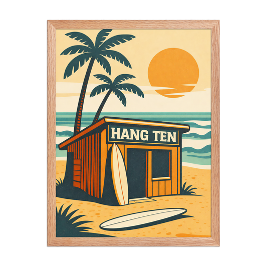Framed vintage Hang Ten surf shack poster with surfboards and sunset beach scene