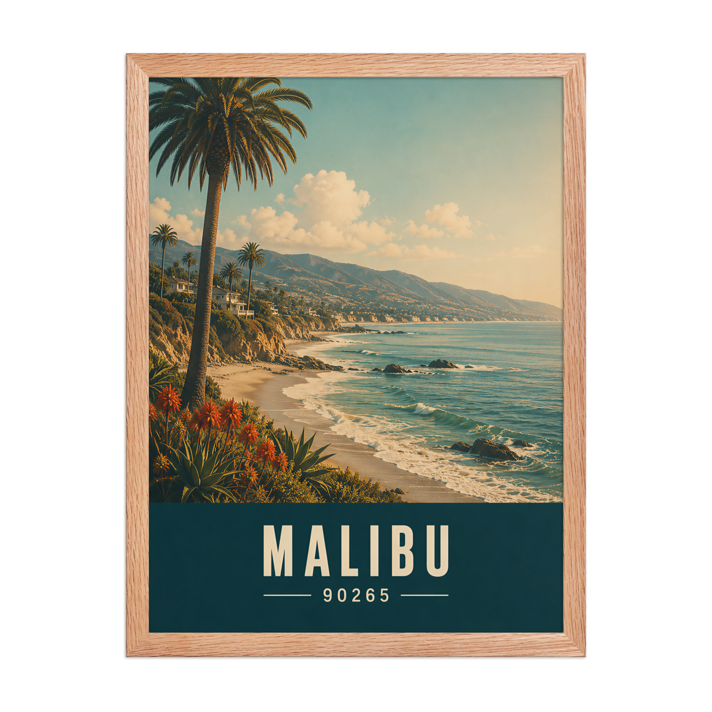 Framed Malibu California retro travel poster with 90265 zip code, coastal beach wall art