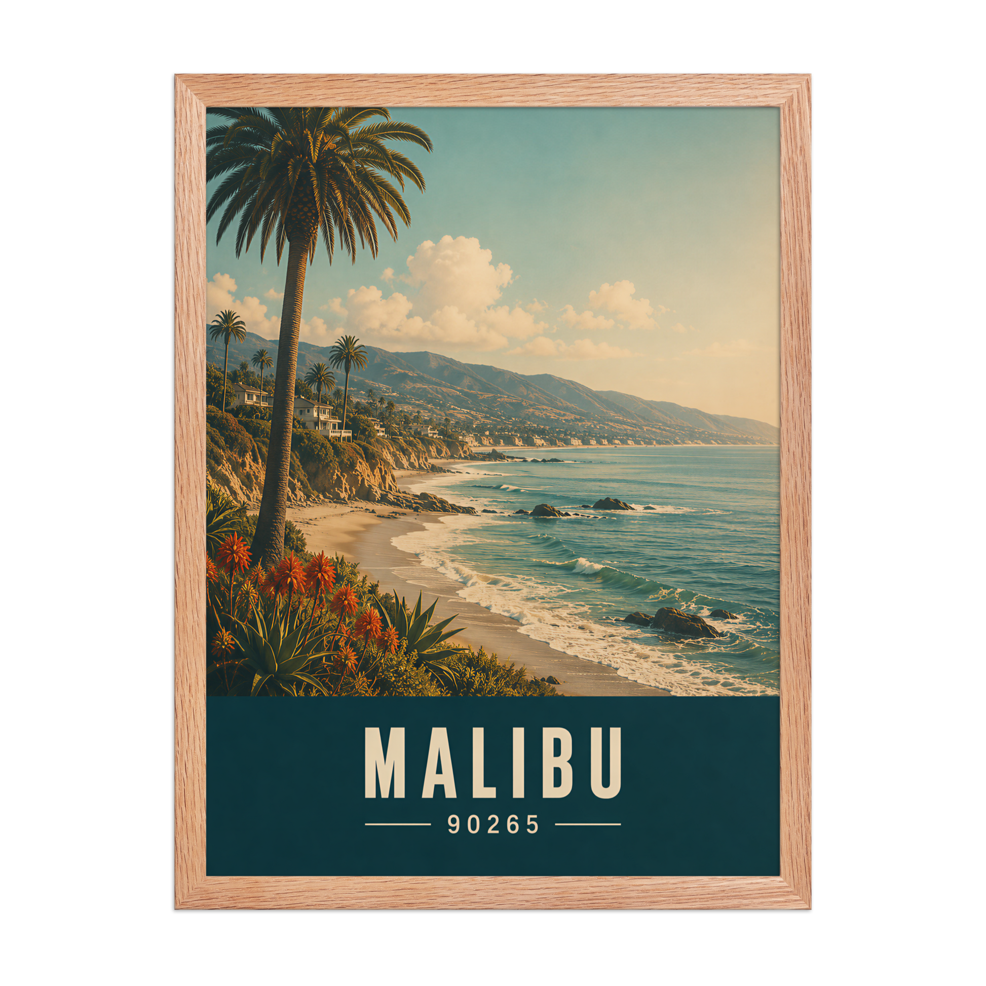 Framed Malibu California retro travel poster with 90265 zip code, coastal beach wall art