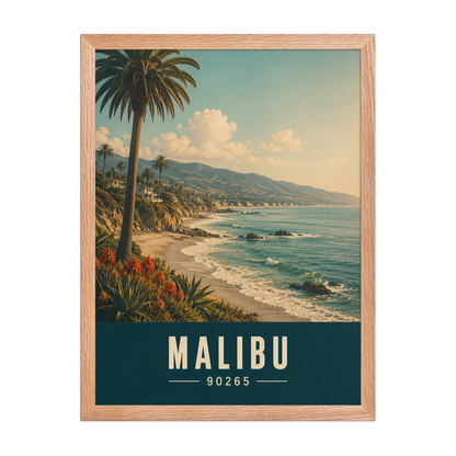 Framed Malibu California retro travel poster with 90265 zip code, coastal beach wall art