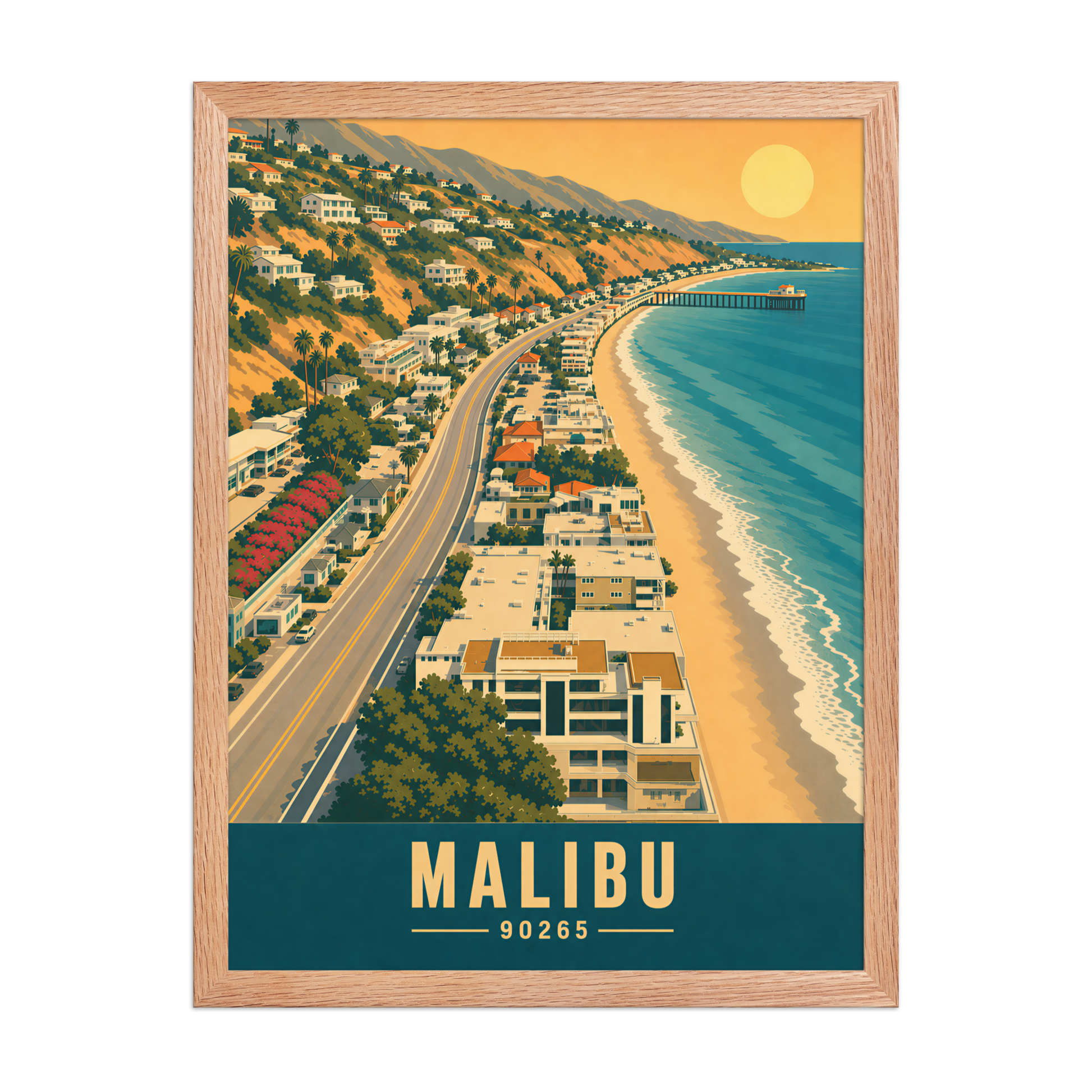 Framed aerial Malibu Pacific Coast Highway poster with 90265 zip code