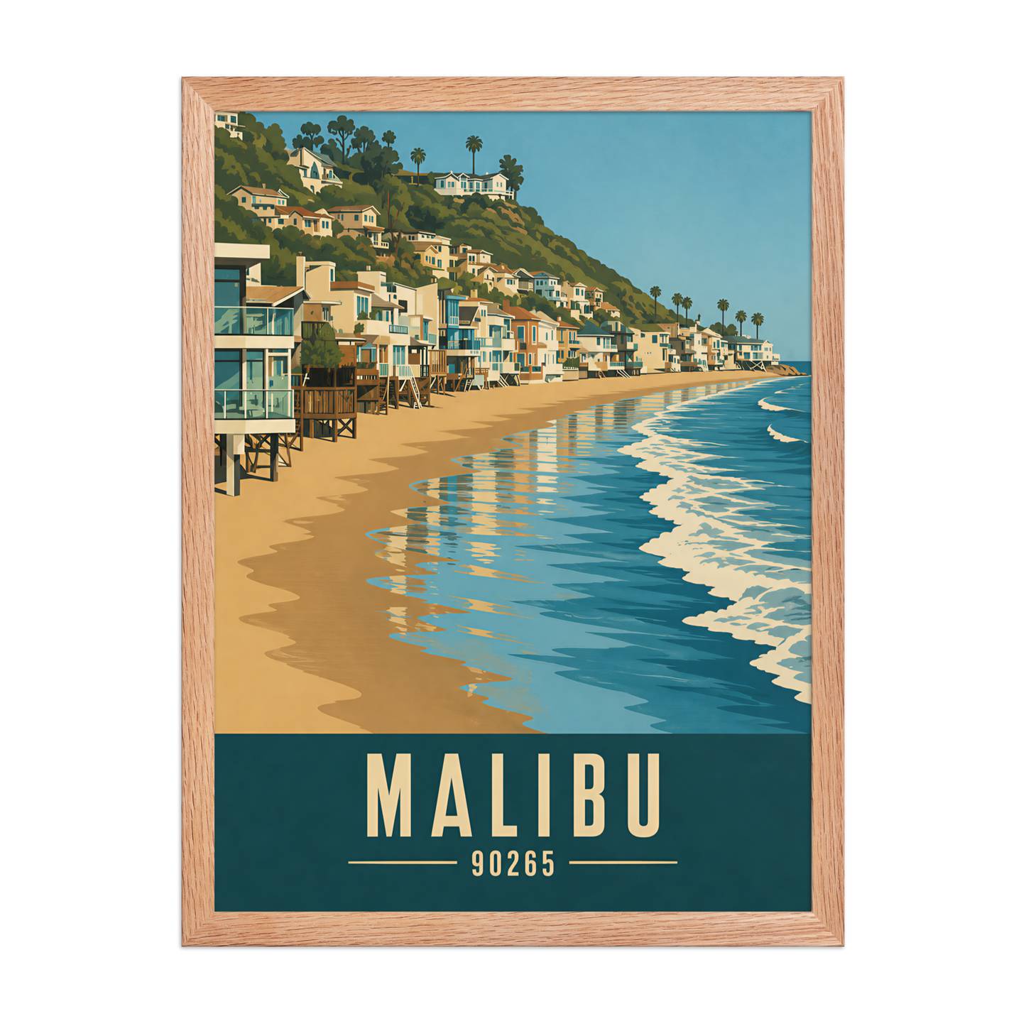 Framed Malibu beach house coastal poster with 90265 zip code