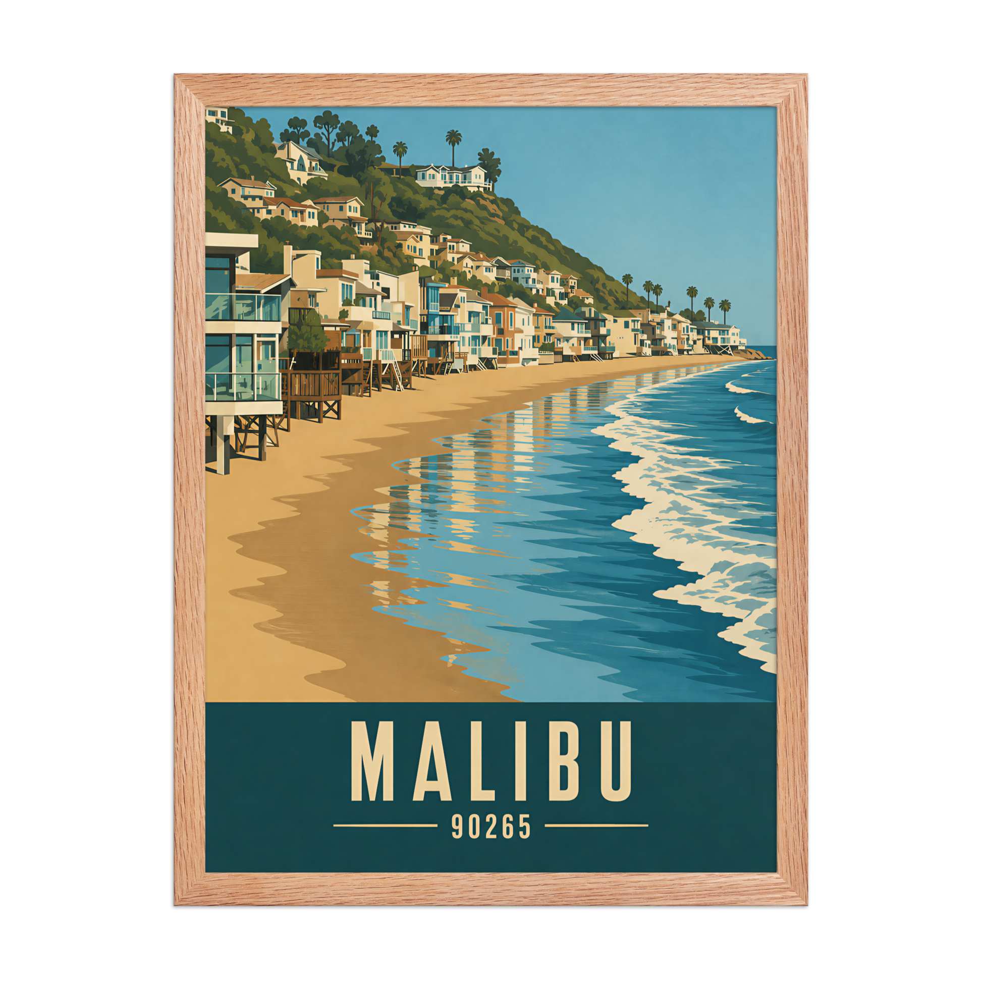 Framed Malibu beach house coastal poster with 90265 zip code