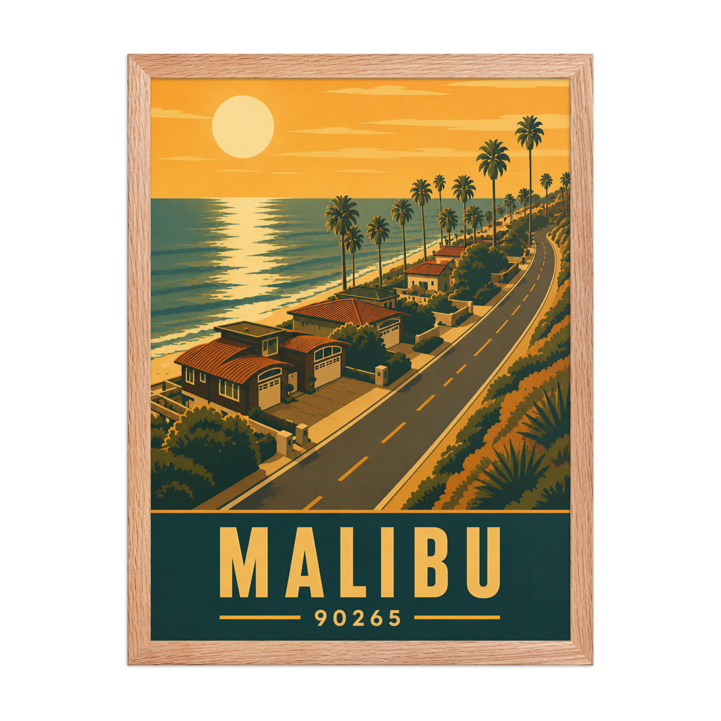 Framed Malibu palm-lined sunset coastal road poster with 90265 zip code