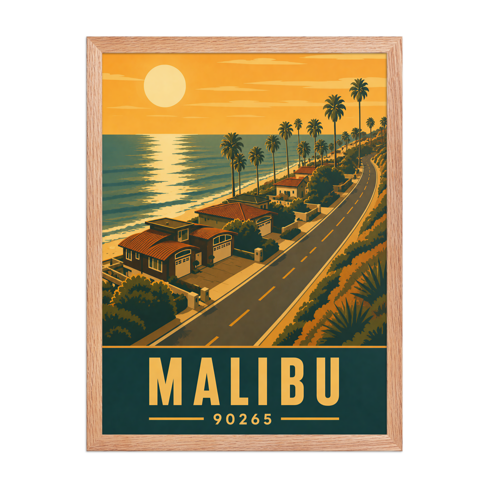 Framed Malibu palm-lined sunset coastal road poster with 90265 zip code