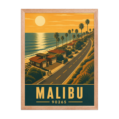 Framed Malibu palm-lined sunset coastal road poster with 90265 zip code