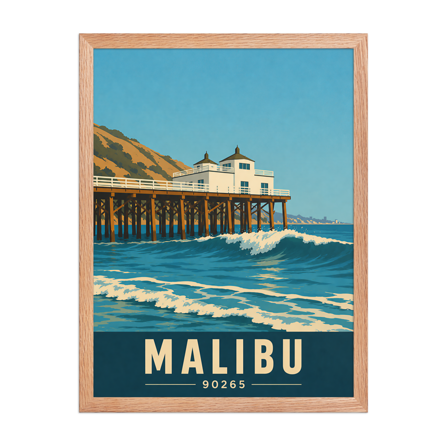 Framed Malibu oceanfront pier and waves poster with 90265 zip code