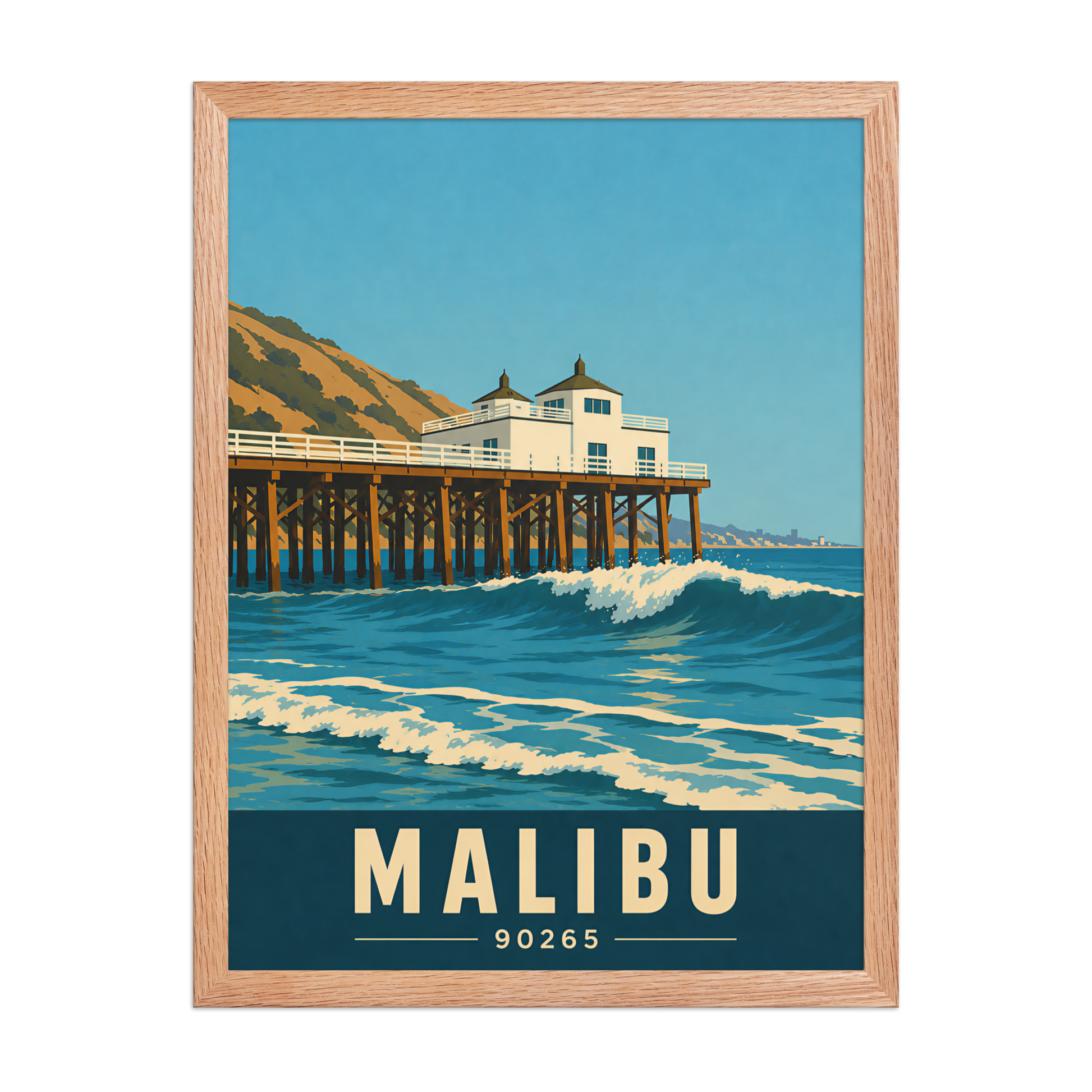 Framed Malibu oceanfront pier and waves poster with 90265 zip code