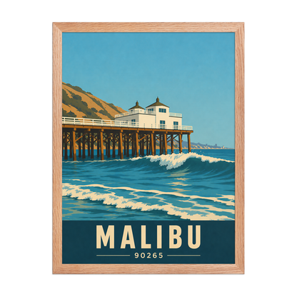 Framed Malibu oceanfront pier and waves poster with 90265 zip code