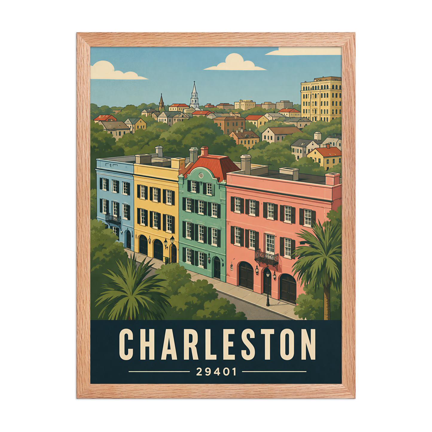 Framed Rainbow Row Charleston historic homes poster with 29401 zip code