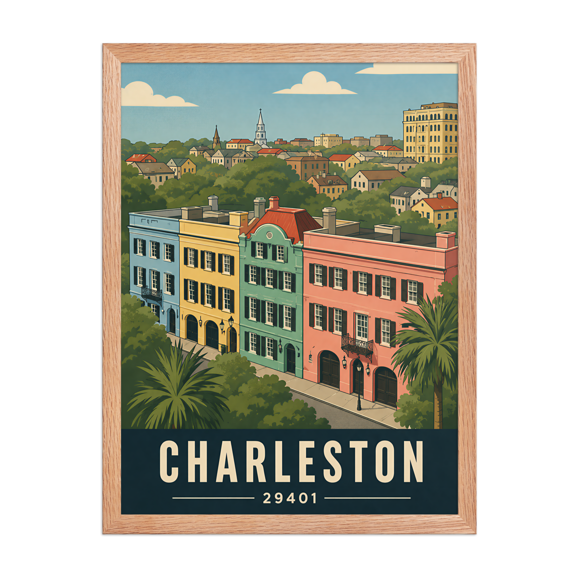Framed Rainbow Row Charleston historic homes poster with 29401 zip code