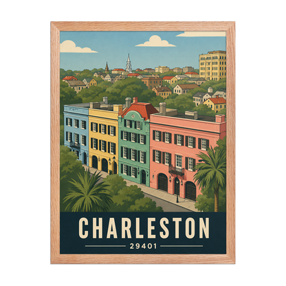 Framed Rainbow Row Charleston historic homes poster with 29401 zip code