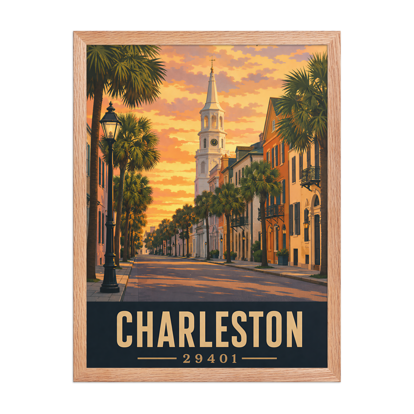 Framed Charleston church steeple sunset poster with 29401 zip code