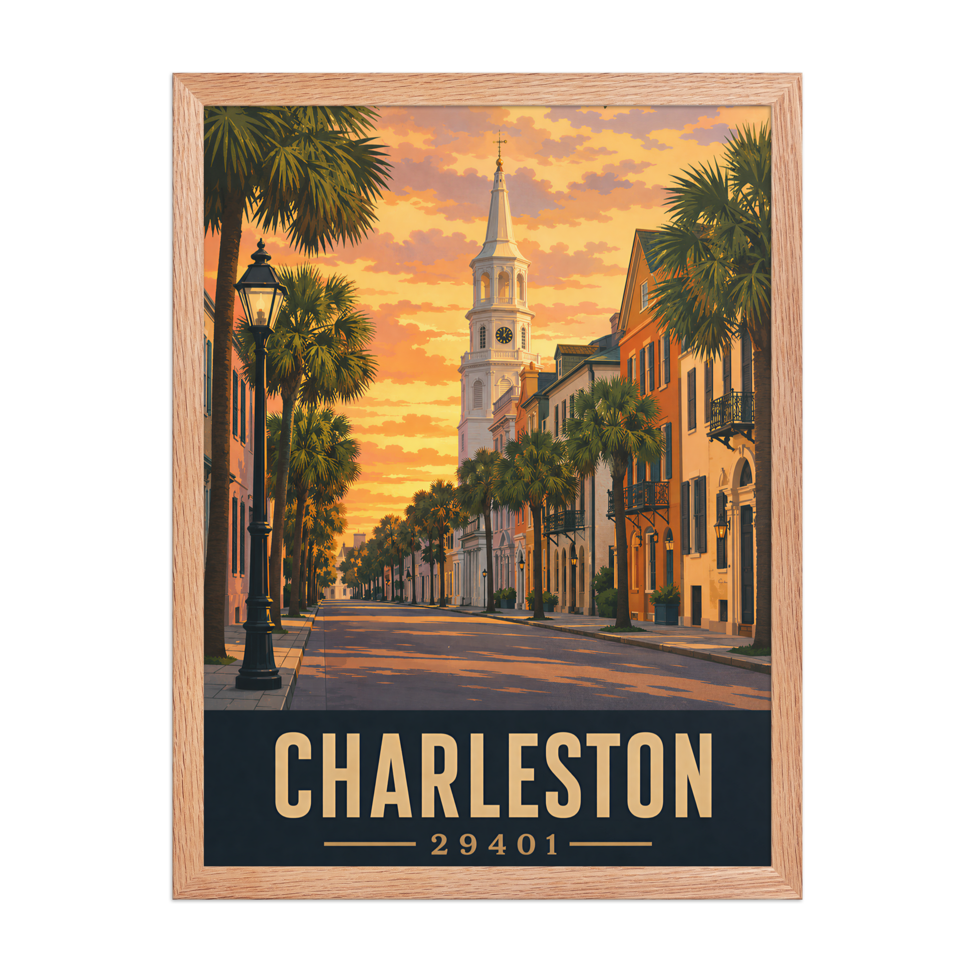 Framed Charleston church steeple sunset poster with 29401 zip code