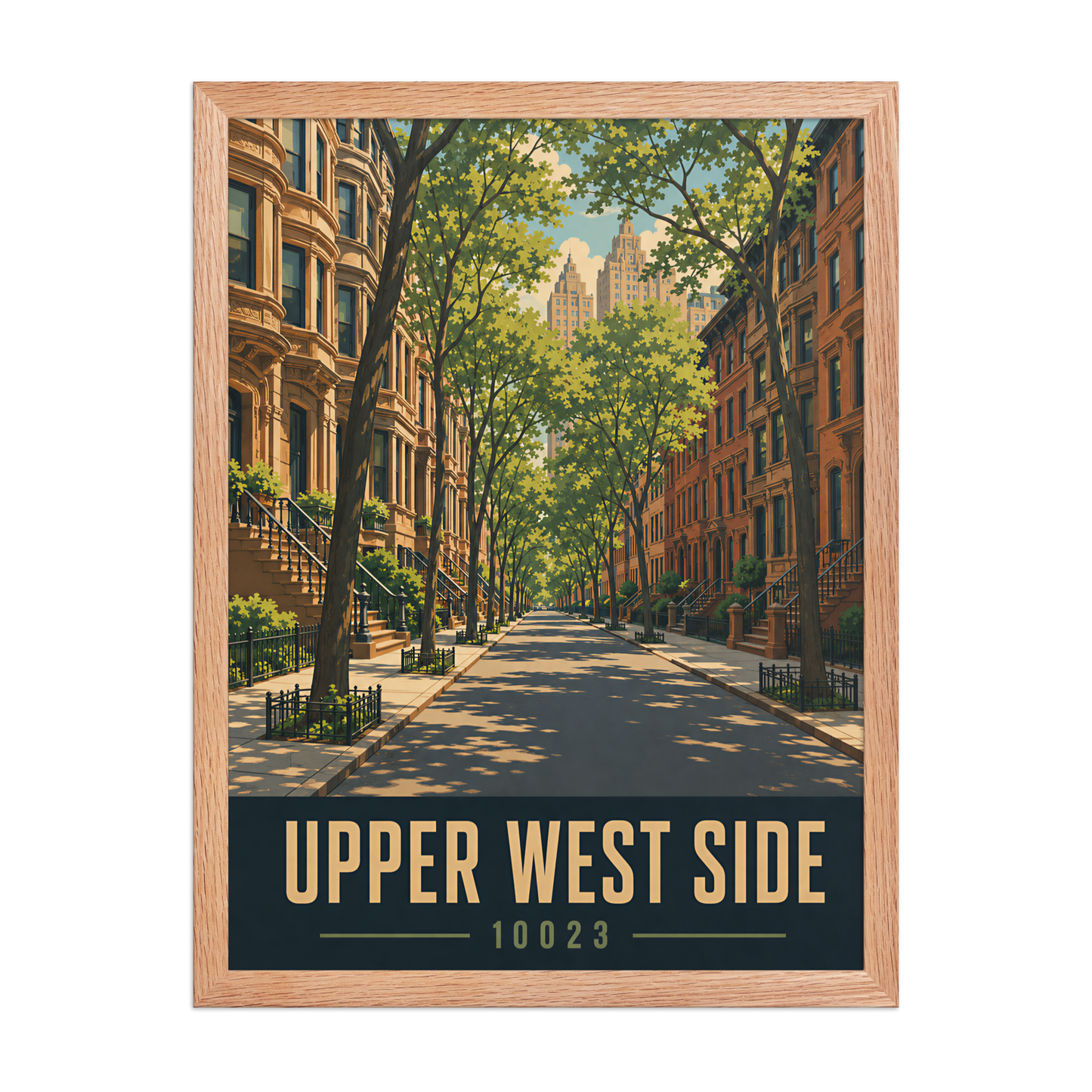 Framed Upper West Side brownstone street poster with 10023 zip code
