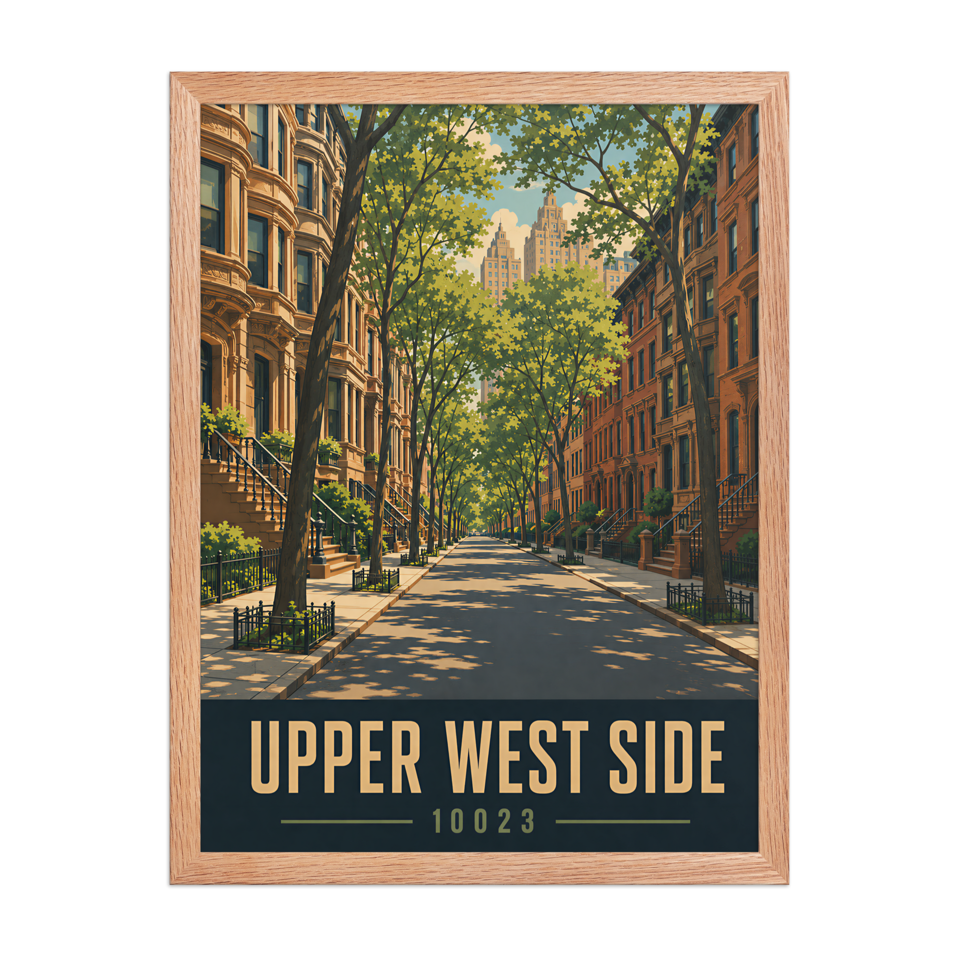 Framed Upper West Side brownstone street poster with 10023 zip code